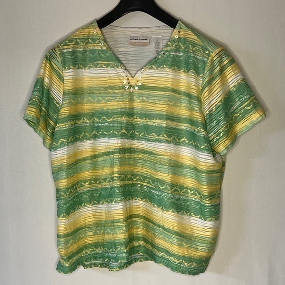 Alfred Dunner Tops - Alfred Dunner Women's Top 1X Green Yellow Stripe Sequins Beaded Blouse Colorful.